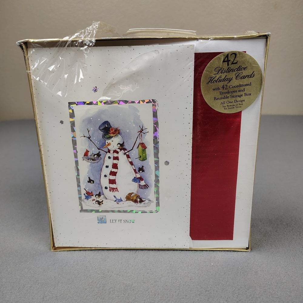 Vintage Christmas Cards In Box Snowman Theme 42 Count Paper Magic Sealed Holiday